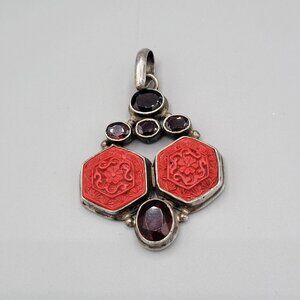 Sterling Silver 925 Carved Cinnabar Pendant With Garnet Stone Accents 2" Length